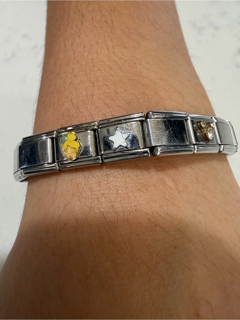 Stainless Steel Link Charm Bracelet with Yellow and White Accents